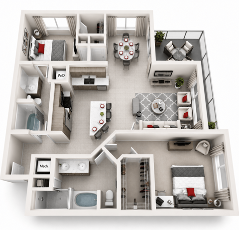 Floor plan for 2 beds, 2 baths